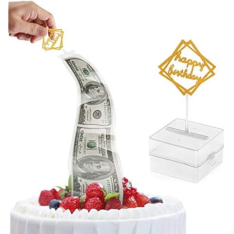 Money Cake Pull Out Kit, Birthday Money Box for Cash Gift, Cake Money Box, Pulling Money Box with 1 Pcs Happy Birthday Cake Topper and 20 Transparent Bag Connected Pockets Cake Decoration Cover