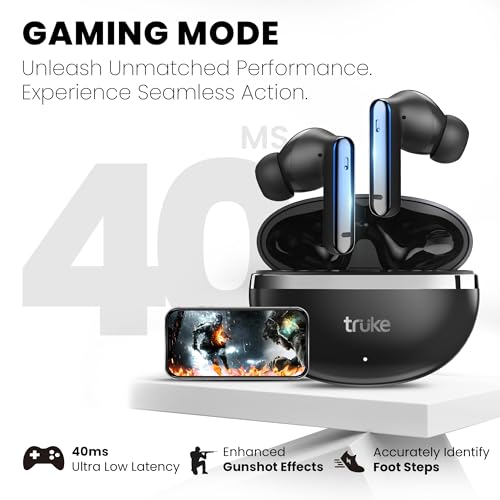 Image of truke [ Buds Q1 Lite True Wireless Earbuds with 48H Playtime, Crystal-Clear Calls, Fast Charging, Elegant Royal Design, Bluetooth 5.4, Noise Cancellation, Gaming Mode, Brand Warranty