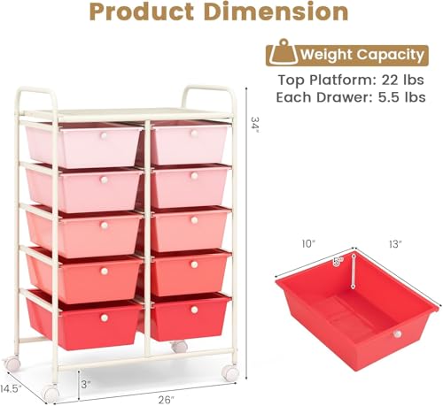 Image of LDAILY 10 Drawer Rolling Cart, Storage Cart Organizer on Wheels, Drawer Cart with Metal Frame & Large Storage Capacity, Rolling Cart with Drawers for Living Room Classroom, Office