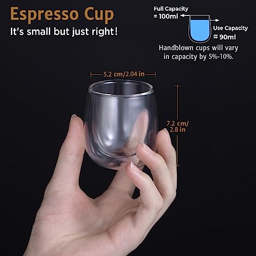 glastal Double Walled Espresso Coffee Glass Cups Glasses Borosilicate Glasses for Tea Dessert 100ml (4oz) Set of 6