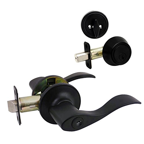 Designers Impressions Kingston Design Matte Black Entry Lever with Matching Single Cylinder Deadbolt Combo Pack Keyed Alike (We Key Lock Orders Alike for Free)
