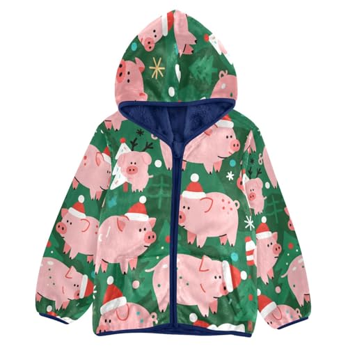 Pig Pattern with Christmas Toddler Fleece Jacket Girl Boys Hooded Fleece Jacket Coat Warm Outwear Zip-up 3-10T