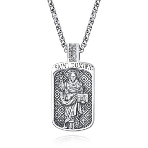 Pendentif catholique Saint Dominique pour homme, collier argent 925 et chaîne acier inoxydable