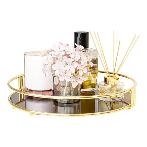 Vassoio Decorativo in Metallo Rotondo-Vassoio Elegante per la Centrotavola-Porta Profumi da Camera-Organizzatore Vassoio Gioielli Cosmetici-Porta Candele-Base Acrilico Nero-Diametro 28 cm (ORO)