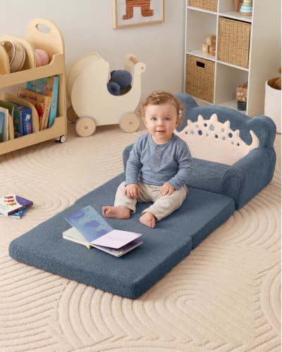 Image of Blissful Diary Kids Couch, 2-in-1 Soft Fold Out Kids Couch, Kids Sofa Chair, Comfy Kids Furniture for Playroom, Reading & Play, Blue Dinosaur | 50.8 inch Fold-Out Play Area, Supportive Foam, Washable Cover, Carry Handle, Pre-Assembled, Kid-Safe Zipper