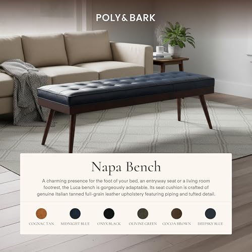 Image of POLY & BARK 55 inch Tufted Leather Bed Bench for Bedroom End of Bed - Living Room Entry Way Bench - Pure Italian Leather Upholstery with a Solid Wood Frame - Ottoman Bench with Wooden Legs - Midnight Blue