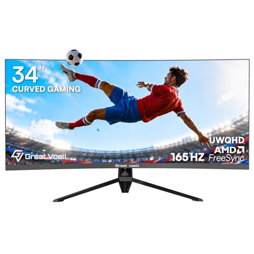 Great voell 34 Inch 4K Curved Gaming Monitor 165Hz 21:9 1500R Ultrawide WQHD(3440 x1440) Screen AMD FreeSync 127% sRGB 4000:1 VA Panel HDR10 HDMI & DP PIP/PBP VESA Mount Tilt Adjustable