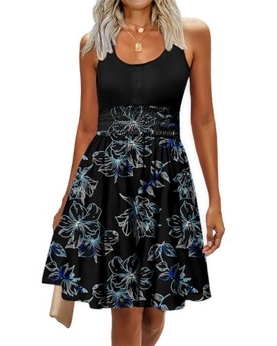 Image of Summer Dresses for Women Casual Sleeveless Sundresses Elastic Waist Mini Sun Dress
