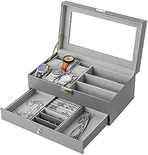 Watch Boxes, Glasses Box, Jewellery Box, Drawer Storage Box, 6 Women's Watch Cases and 3 Sunglasses, Jewellery Display, Lockable, Earrings, Rings, Bracelets, Watches Box with Glass, Leather for Women