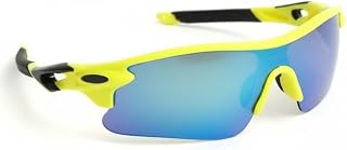 Sports Sunglasses with Blue Mirror Lens, Neon Yellow Frame, UV Protection, Lightweight Design for Running, Cycling Price In India
