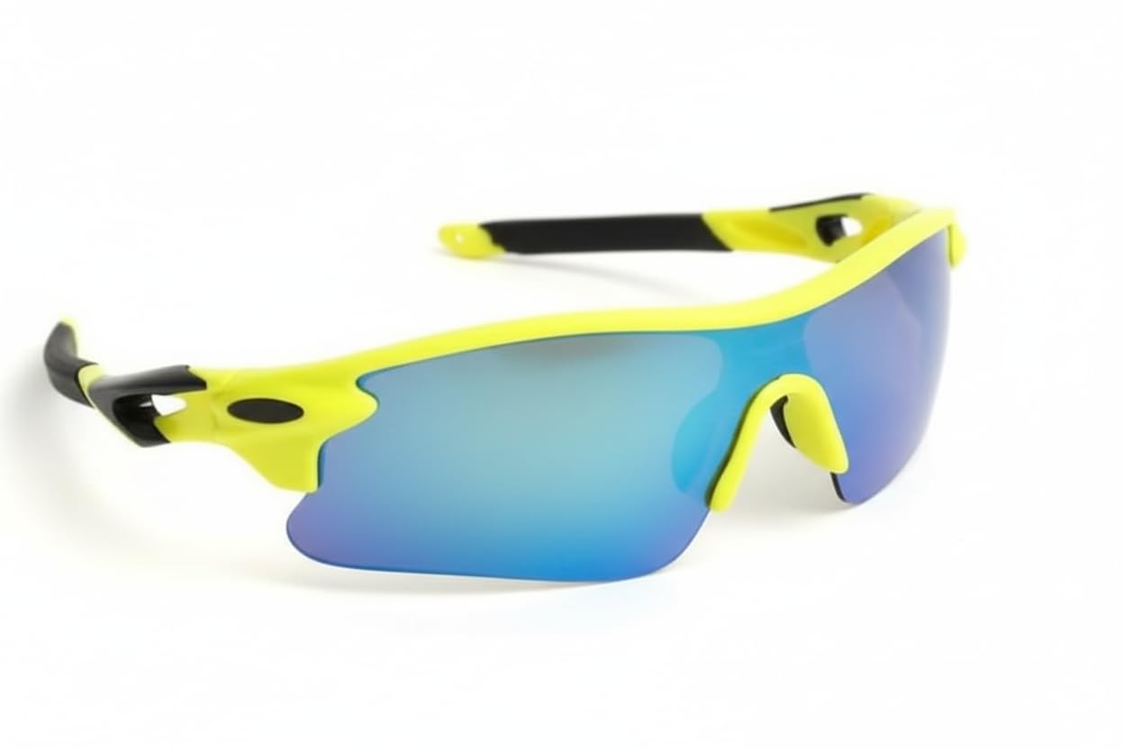 Sports Sunglasses with Blue Mirror Lens, Neon Yellow Frame, UV Protection, Lightweight Design for Running, Cycling