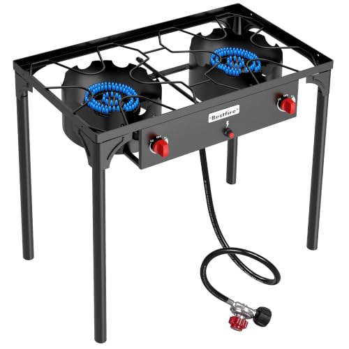 Image of BESTFIRE 2 Burner Camping Stove,150,000 BTU High Pressure Outdoor Propane,4ft 20 PSI Adjustable Regulator Hose With Removable Legs for Backyard Cooking Camping Home