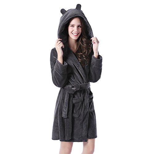 Richie House Women's Bathrobe With Two Ears RHW2498,Dark Grey,Small / Medium