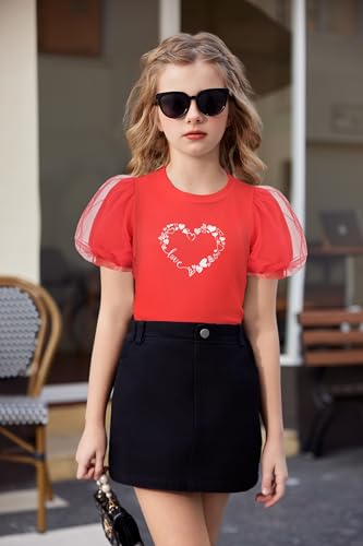 Image of Arshiner Girls Shirts Mesh Puff Short Sleeves Blouse Crewneck Cute Print Summer Kids Tee Tops