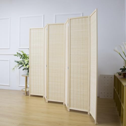 6 Panel Bamboo Room Divider, 5.6 FT Tall Folding Privacy Screen, Freestanding for Room Separation, Beige