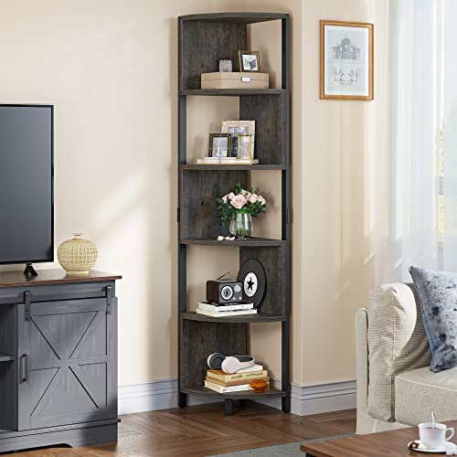Yitahome 6-Tier Corner Shelf, 68.8" Tall Industrial Free Standing Corner Bookshelf, 6 Shelf Display Corner Bookcase Open Small Book Shelves For Bedroom, Living Room, Small Space, Charcoal Gray + Black #TOP2