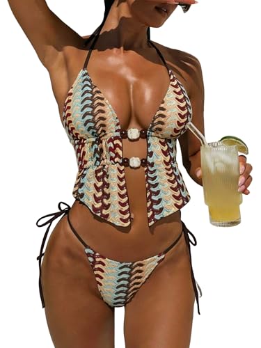 ZAFUL Boho Halter Bikini Sets for Women Textured Sexy Strappy Backless 2 Piece Swimsuit Cheeky High Cut Bathing Suits 2-Mix Color L