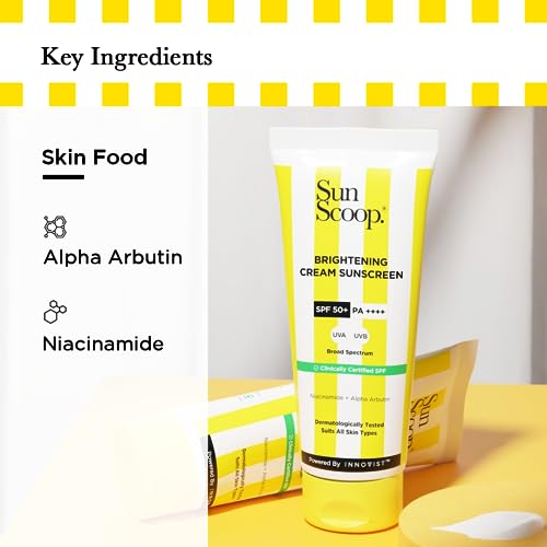 SunScoop Brightening Daily Sunscreen SPF 50 With Niacinamide + Alpha Arbutin for Radiant Skin | PA++++, Broad Spectrum, Non-Comedogenic, No White Cast | Ideal for All Skin Type | 45g(Pack of 2)
