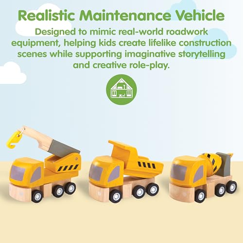 Image of PlanToys Highway Maintenance Wooden Montessori Vehicle and Imaginative Play Set | Creativity, Language and Social Skill Building Activity | Eco Friendly Construction Truck Set