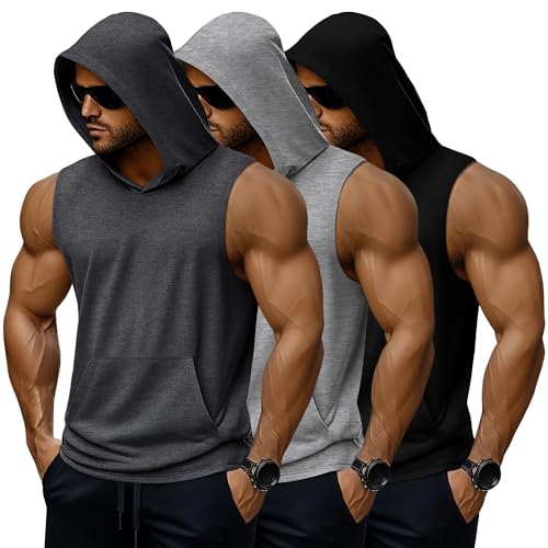 3 Pack Men's Big & Tall Workout Hooded Tank Tops, Cotton Sleeveless Gym Hoodies Bodybuilding Muscle Cut Off Shirts