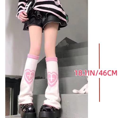 MOFLYS Leg Warmers for Women Kawaii Pink Heart Cross Print Knit Y2K Leg Socks Lolita Warm Harajuku 80s Outfit Punk (2 Pairs)2