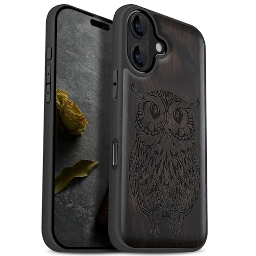 Carveit MagSafe (マグセーフ) 対応 iPhone 17 ケース 木製 【天然木+TPUシリコンツーインワン】 衝撃吸収 滑り止め マグネット内蔵 アイフォン17 ケース 耐衝撃 レーザーアート彫刻 (黒い木-マンダラスタイルのフクロウ)