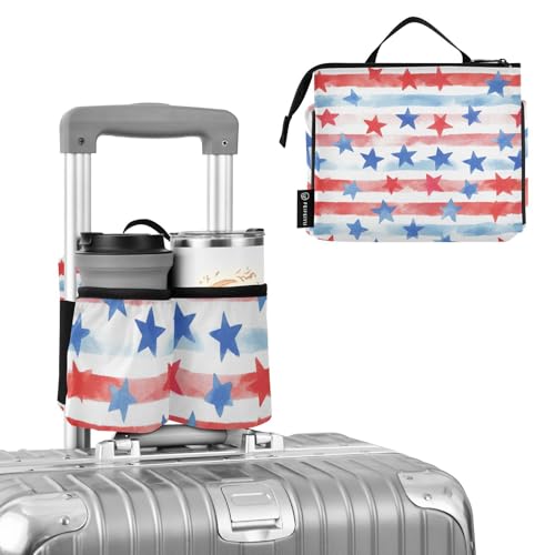 Image of Luggage Cup Holder for Suitcases Free Hands Suitcase Cup Holder Travel Luggage Drink Holder Portable Luggage Cup Caddy Bag Carrier with Handle July 4th Stripes Stars White