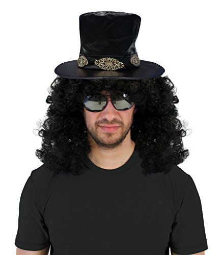 Slash Curly Rocker Wig with Hat Costume Set Black