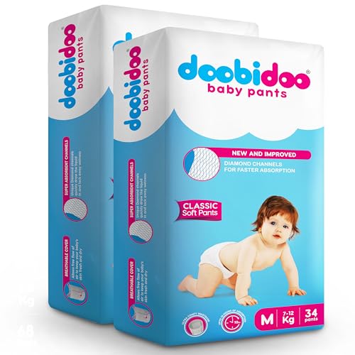 Image of Doobidoo Classic Baby Diaper Pants - M Size | High Absorbency with Cotton Bubble Soft Topsheet, Anti-Leak Side Cuffs & Rash-Free Comfort | Gentle Protection (7-12 kg) - Pack of 2 | 68 Count