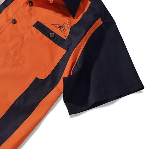 Men's Bowling Shirt Short Sleeve Halloween Hawaiian Shirt Camp Collar 100% Cotton Spider Pumpkin Lantern Shirt4