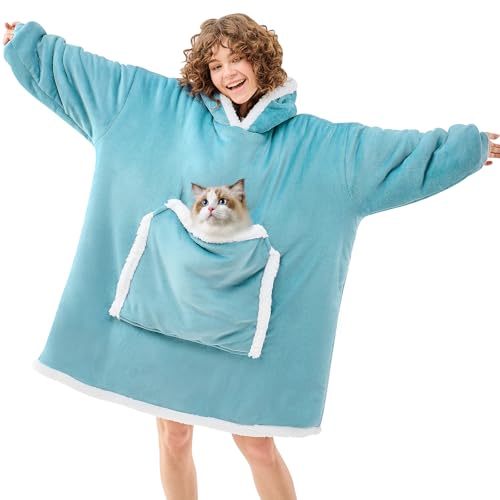 JOYWOO Turquoise Teal Wearable Blanket Hoodie, Oversized Cat Lovers Sweatshirt Blanket for Adult & Teens, Birthday Gifts for Women Men Mom Girl Boys,Cozy Sherpa Fuzzy Blanket Giant Pocket Gifts,Small