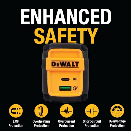 DEWALT Heavy Duty 49.5W Dual USB & USB C Charger Block, Black & Yellow | (Cable Not Included), USBC Power Adapter, 2 Port Compact Foldable Fast Wall Charger for iPhone 17/16/15/14 Galaxy Pixel 4/3 - image 7