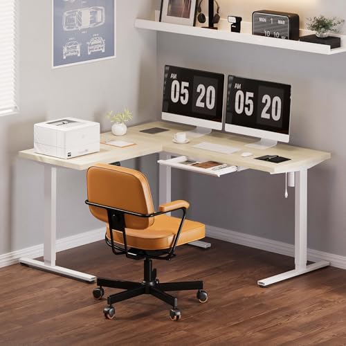 Image of FLEXISPOT L Shaped Standing Desk, 63 x 55 Inch Electric Height Adjustable Corner Desk, Sit Stand Computer Workstation, Preset Controller, Home Office, White Frame with Maple Top, White Drawer