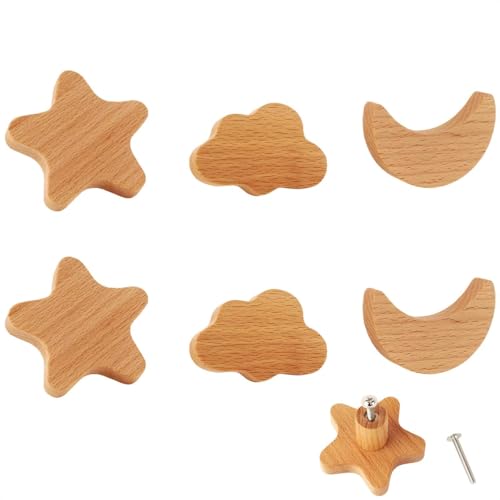 MHwan bouton de meuble, 6 pièces grand bois massif poignee de meuble, étoiles, texture naturelle...