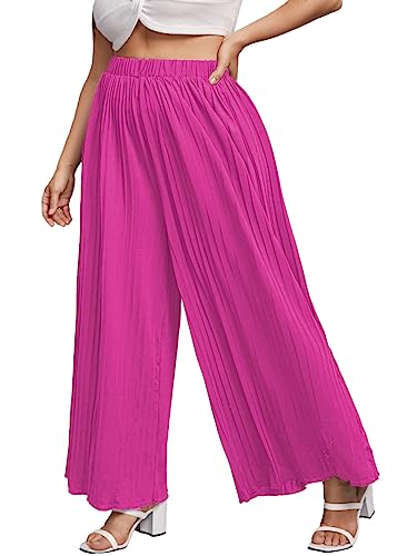 WDIRARA Women's Plus Size Pleated Elastic Waist Wide Leg Casual Long Pants