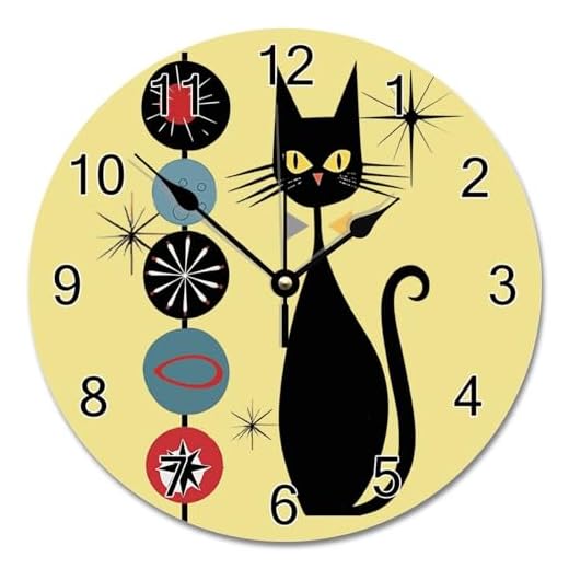 ArogGeld Black Cool Cat Wall Clock 10 Inch Retro Atomic Era Mid Century Battery Operated Non