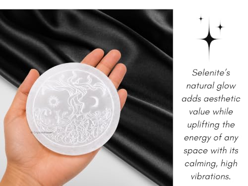 Image of Certified Selenite Crystal Charging Plate, 4 Inch Engraved Tree of Life Selenite Plate for Crystal Cleansing Re-Energy Work, Meditation and Pooja