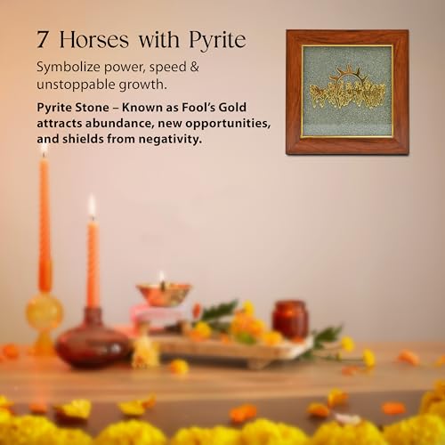 Image of ZAICUS Pyrite Stone Frame with 7 Running Horses | Positive Energy Wall Hanging for Living Room, Bedroom & Office | Vastu Showpiece for Money, Protection & Diwali Gift Decor