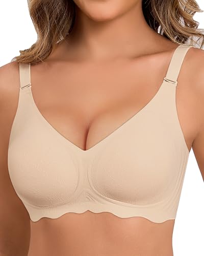 Womens Seamless Wireless Bras Womens Bras No Underwire Full Support V Neck Bralette Everyday T-Shirt Bra Grey