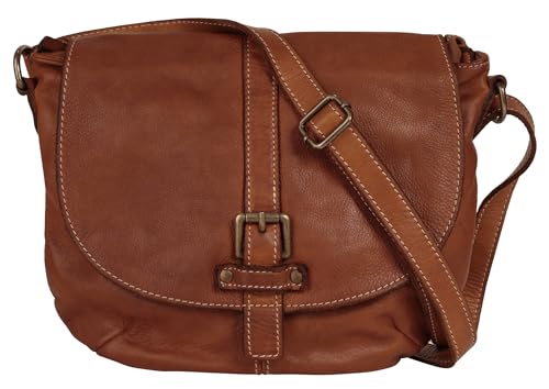 Cluty Umhängetasche Echt Leder Damen Made in Italy, Messenger Bag, Crossbody Bag, Handtasche aus Rindleder cognac 019536