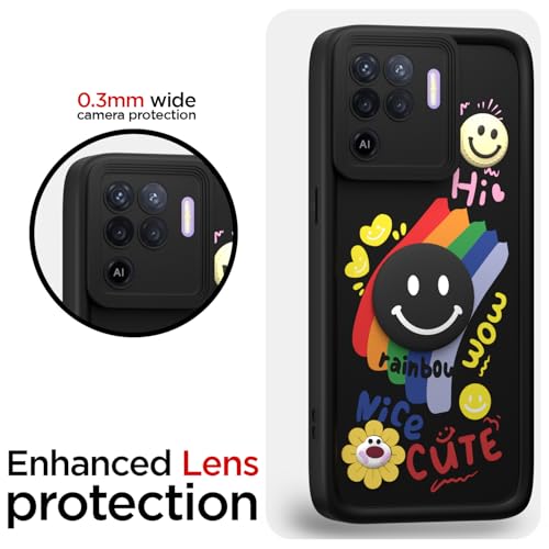 Image of Pikkme Back Cover for Oppo F19 Pro | Soft Silicone| Cute Rainbow Smile & 3D Cartoon Flower Design | Shockproof Raised Camera Protection Bumper Case (Black)