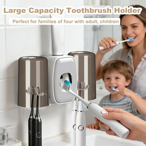Toothbrush Holder with Toothpaste Dispenser,Wall Mounted Automatic Toothpaste Squeezer Toothbrush Holder Storage Organizer with 2 Cups No Drilling for Bathroom (White) - Thumbnail 7