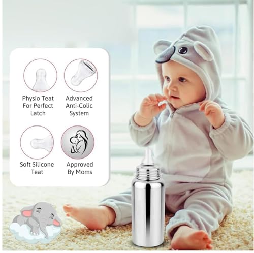 Image of Steel 304 Grade Feeding Bottle with Soft Silicone Nipple, Silver, 250 ml, (Silver Pack of 1)