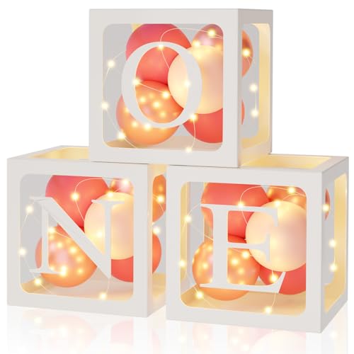 Scatole Decorative per Primo Compleanno Ragazze, 3 Corde Luminose e 3 Scatole per Arco Palloncini con 30 Palloncini Oro Rosa Rosso, ONE Scatola per Decorazioni per Primo Compleanno, Feste di Un Anno