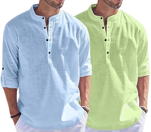 Image of Men's Cotton Blend Straight Kurta Shirt Combo with Mandarin Collar - Slim Fit Casual Short Kurti Set Featuring Textured Slub Fabric and Roll-Up Full Sleeves