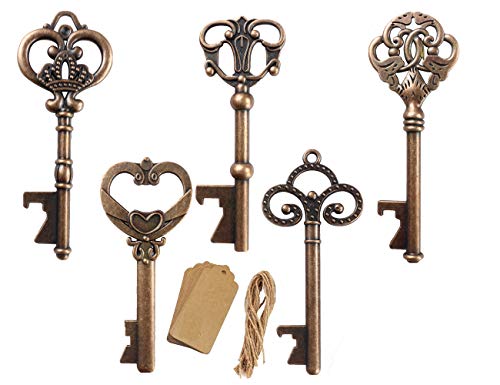 Yuokwer 50 pcs Key Bottle Opener Wedding Favor with Escort Tag Card,Assorted Vintage Skeleton Key Bottle Opener Party Favor Gift Supplies Antique Rustic Decoration （Style 1） (50, Antique copper)