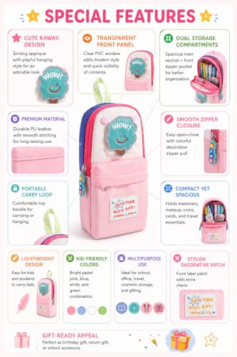 Image of Kawaii Cute Aesthetic Pencil Case for Students | Large Capacity Multi-Pocket Pencil Pouch with Zipper | Cartoon Stationery Organizer Bag for School, College & Office Supplies (Good Time - Pink)