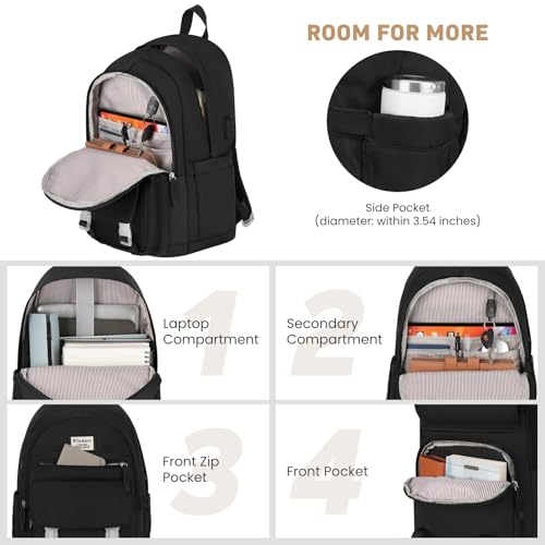 Image of WINDARS School Backpack with Lunch Box for Teen Girls, Cute College Backpacks for Women Students Aesthetic Bookbag Large 15.6 Inch Laptop Bag Middle School Travel Back Pack (Black-3 Pcs)