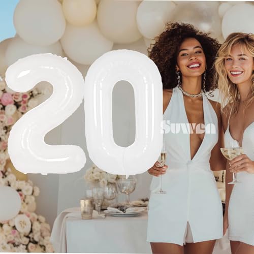 Image of SUWEN 40 Inch White Large 20 Number Balloons Big Foil Helium Number Balloons 0-9 Giant Jumbo Happy 20th Birthday Party Decorations for Men or Women Huge Mylar Anniversary Party Supplies