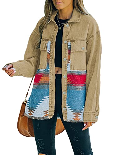 Haellun Women's Aztec Shacket Distressed Lapel Long Sleeve Button Down Jean Denim Jacket Coat